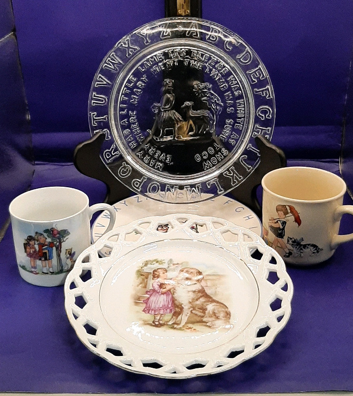 Vintage RHA German DieSplegelburg Childs Cup Antique Lustre Childs Cup with School Girls 8" RHA Reproduction of Antique Childs Glass Alphabet Plate Lord Nelson Nursery Plate Antique Pierced Porcelain Plate with Child and Dog