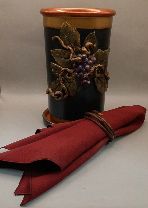 Vintage 8.75" Painted Pottery Wine Cooler with Napkin and Grape Vine Napkin Ring