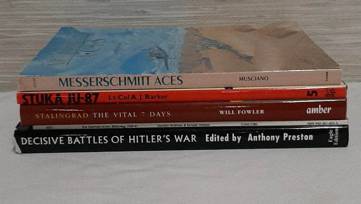 Vintage The German Army BlitzKrigg 1939-41 by Gordon Rothman & Ron Voltage Decisive Battles of Hitlers War Edited by Anthony Preston Messerschmitt Aces by Walter Musciano Stuka Ju-87 by Lt-Col A.J. Barker Stalingrad The Vital 7 Days by Will Flower