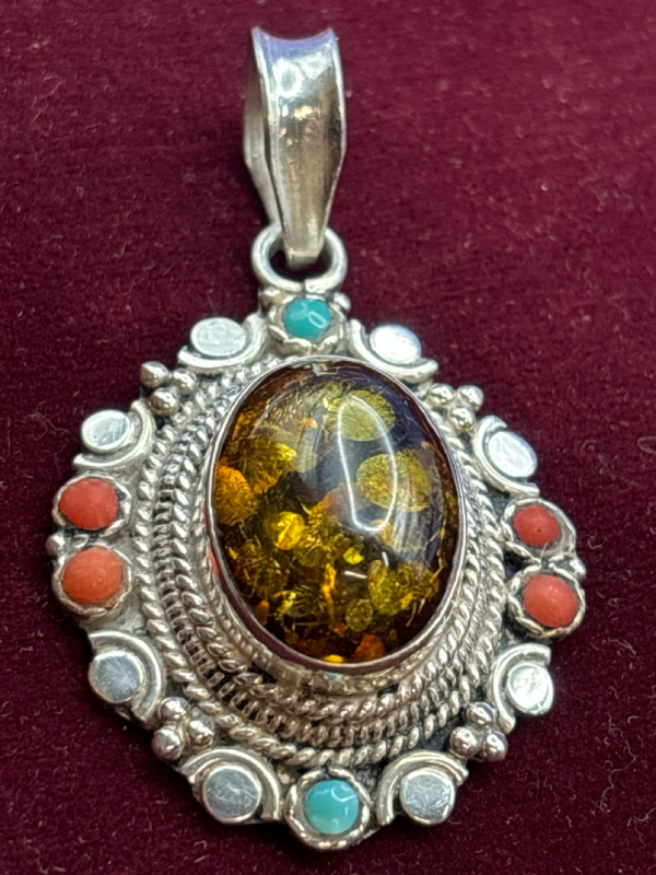 Amber Coral Turquoise Pendant 925 Sterling Silver