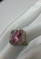 Antique Sterling Silver Fretwork Pink Gemstone Ring