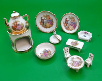 Vintage Limoges Miniatures 3.25" Teapot w/ Stand 2 Plates Sofa Candlestick Bowl 2 Tables 2 Chairs