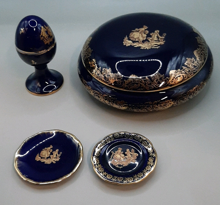 Vintage Limoges Large 6" Round Cobalt Gold Trinket Box 2 Miniature Cobalt Gold Plates Cobalt Gold Footed Porcelain Egg Shaped Trinket Box