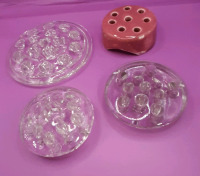 Vintage 3 Glass Flower Frogs (5" biggest) and a Potter one by Weller Pottery of Zanesville Ohio
