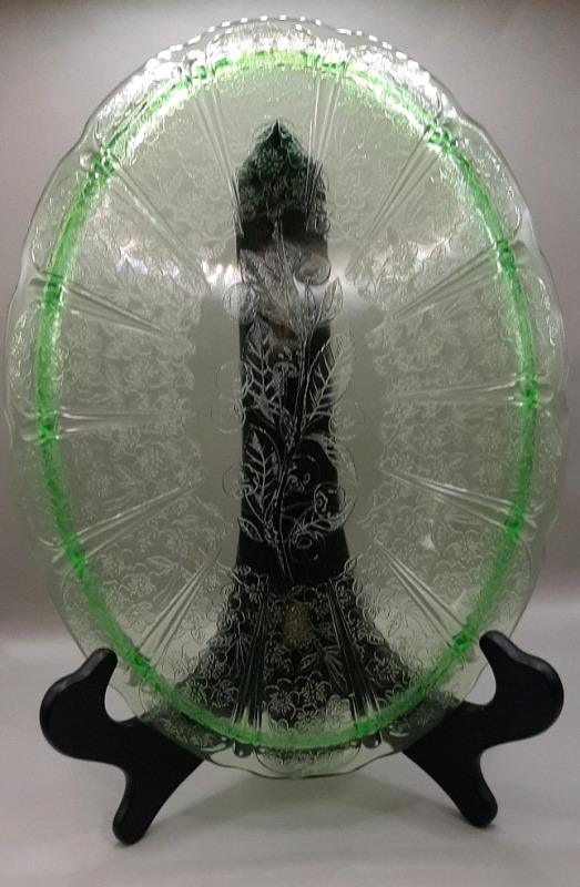 Vintage 13" Jeanette Glass Company Cherry Blossom Depressian Uranium Glass Platter