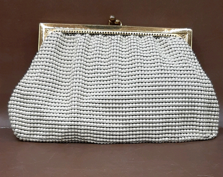 Vintage Whiting and Davis 4" X 7" Cream Mesh Clutch Made in USA