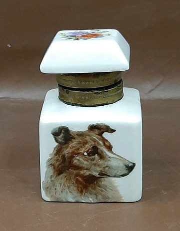 Antique Porcelain and Brass Inkwell Hand Painted with Dog 2.50" X 1.5"