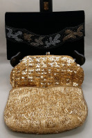 Vintage Heys 5.5" X 9.25" Black Velvet Purse with Beaded Band Gold Beaded with Sequins Evening Bag Gold Co Beaded Clutch with Comb