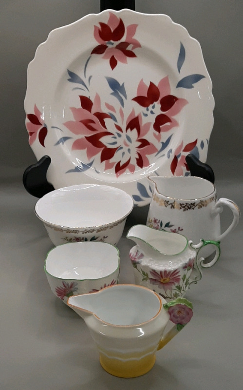 Vintage T.G. Green and Co 8.5" Plate with Pink and Red Flowers Royal Grafton of England Cream and Sugar with Flowers Ansley Cream and Sugar with Purple Flowers Noritake Flower Handle Creamer