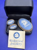 Wedgwood Blue Jaspetware Brooch & Earrings Boxed