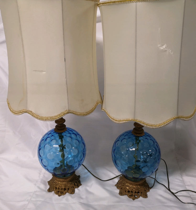 Vintage Pair of Blue Glass Lamps with Shades 33.5" Tall - Working