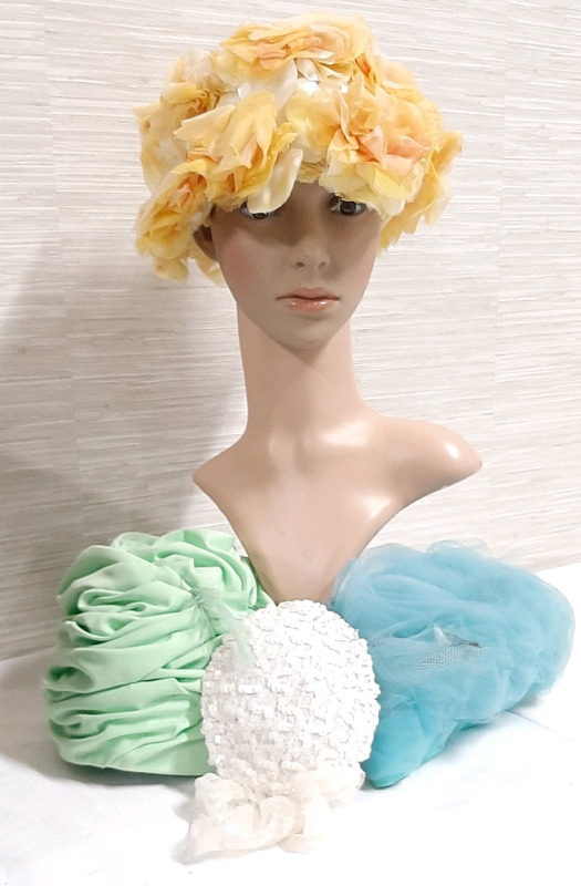 Vintage 4 Hats Yellow Rose Petal Hat Fabulous Mint Green Hat with Feathers Turquoise Hat with All Over Netting Flowers White Sequin Topper