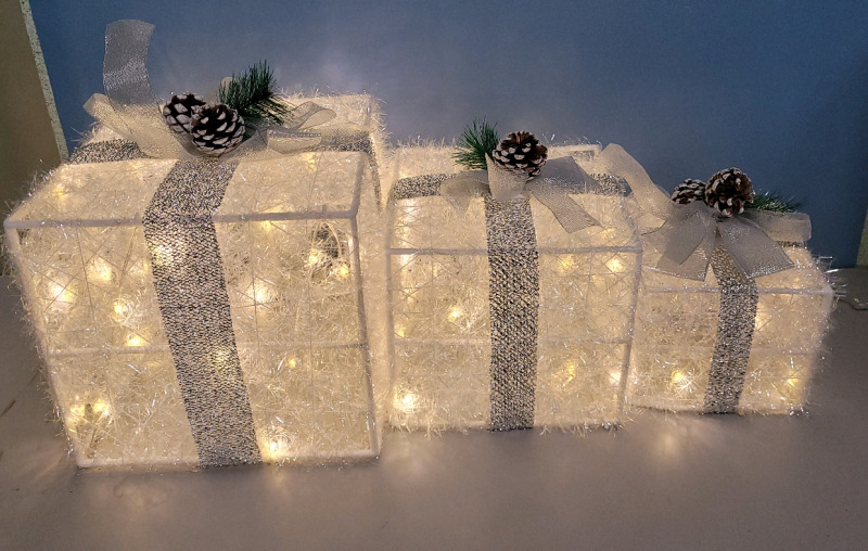 Christmas Lighted White Silver Gift Boxes Home Decor , Set of 3 . Working