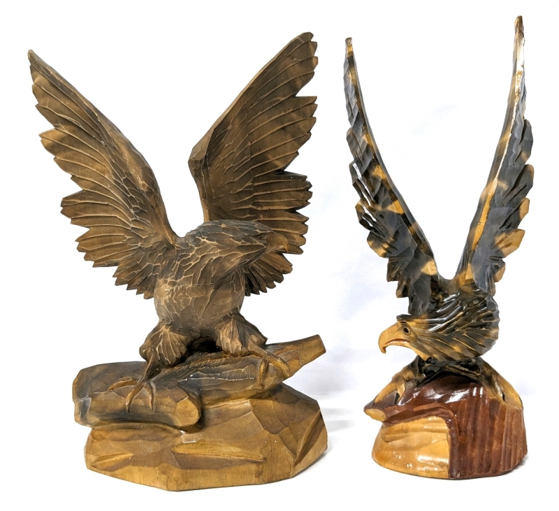 2 Vintage Carved Wooden Eagles 11.5" - 11.75" Tall