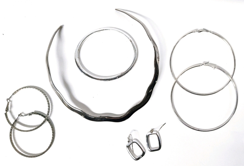 Signed Silver Tone Jewelry: Torque-Style Necklace, Hoop Earrings, Bracelet +