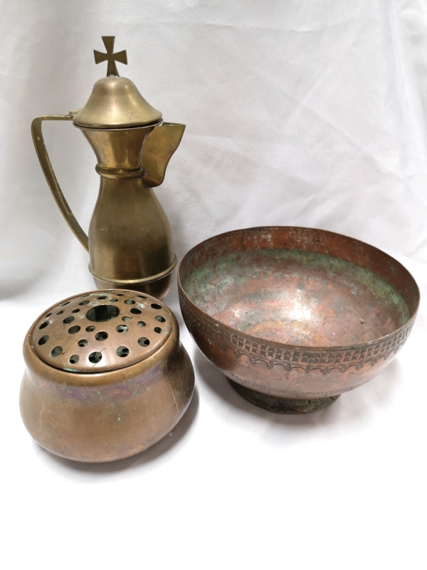 Vintage Copper and Brass Lot - Copper Flower Frog & Bowl