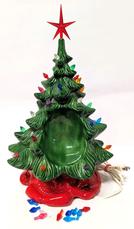 Nifty Vintage 15.5" Tall Light-Up Ceramic Christmas Tree with Unusual Open Areas on Each Side