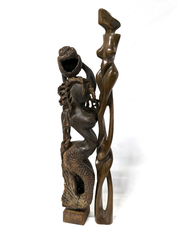 2 Tall Carved Woman Figures : Mermaid 16" Tall & Abstract 18.8" Tall