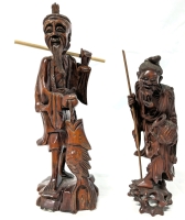 2 Carved Wood Old Men Figures 9" and 12" Tall