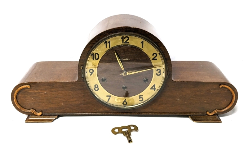 Vintage Original MAUTHE Wooden Mantle Clock with Key Made in Germany 19" x 8" Tall Chimes Beautifully on the Hour