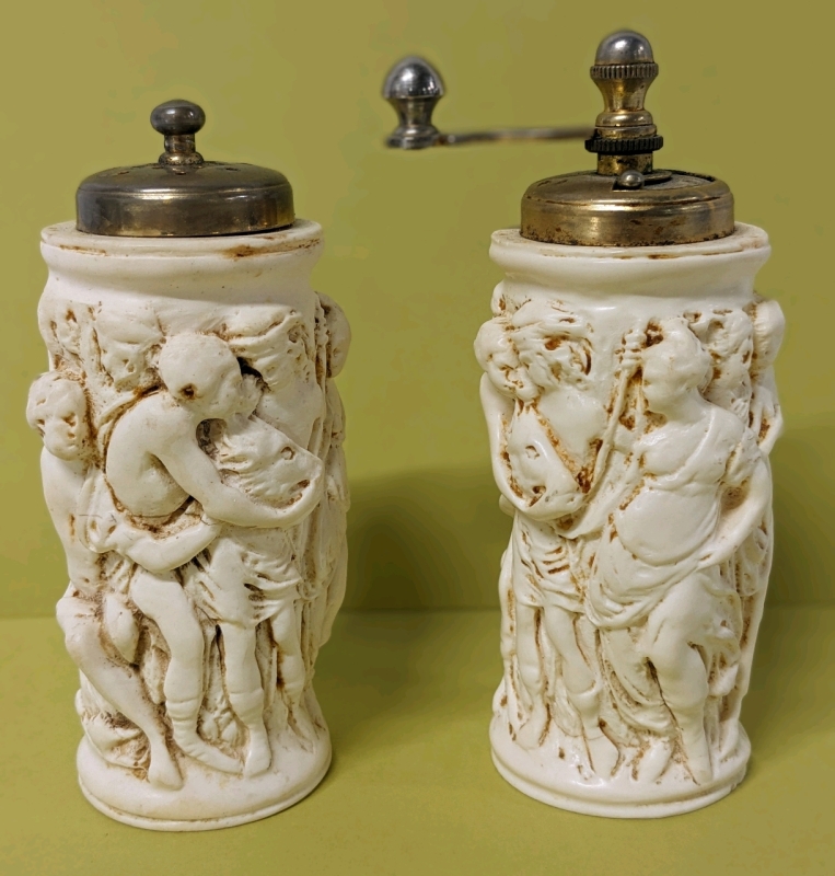 Vintage Roman / Greek Sculptural Relief Salt Shaker & Pepper Mill 5.25" Tall