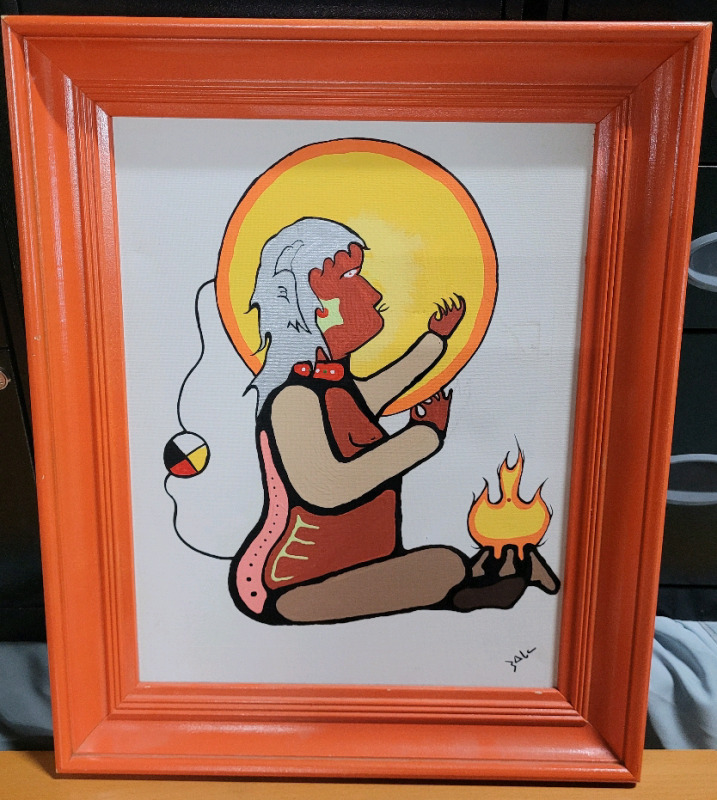 Native American / Inuit Art Oil on Canvas in Frame Signed by Artist . Measures 18"&times;22"