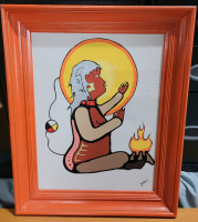 Native American / Inuit Art Oil on Canvas in Frame Signed by Artist . Measures 18"&times;22"