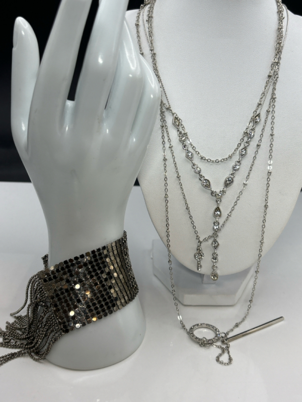 Wide Mesh Bracelet Rhinestone Necklace & CZ Necklace