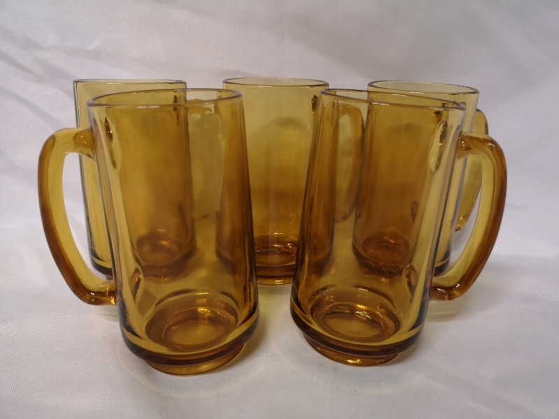 5 Vintage Amber Glass Mugs 5.5" Tall