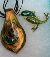 Enamel Duo Swimming Dolphin Brooch Art Glass Galazy Necklace