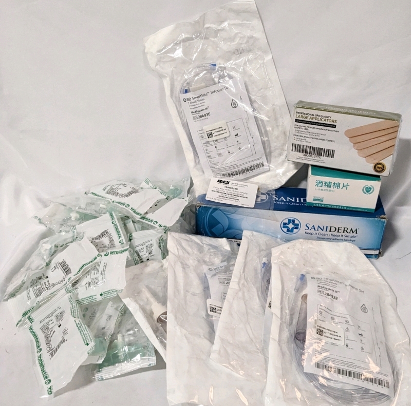 New MEDICAL Lot: Straight Connectors, BD Smart site Infusion Set, Large Tongue Depressors/Applicators, Alcohol Wipes & Transparent Adhesive Bandage