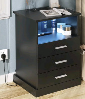 New - LED Nightstand with Charging Station, Side Table with 3 Drawers and Light,