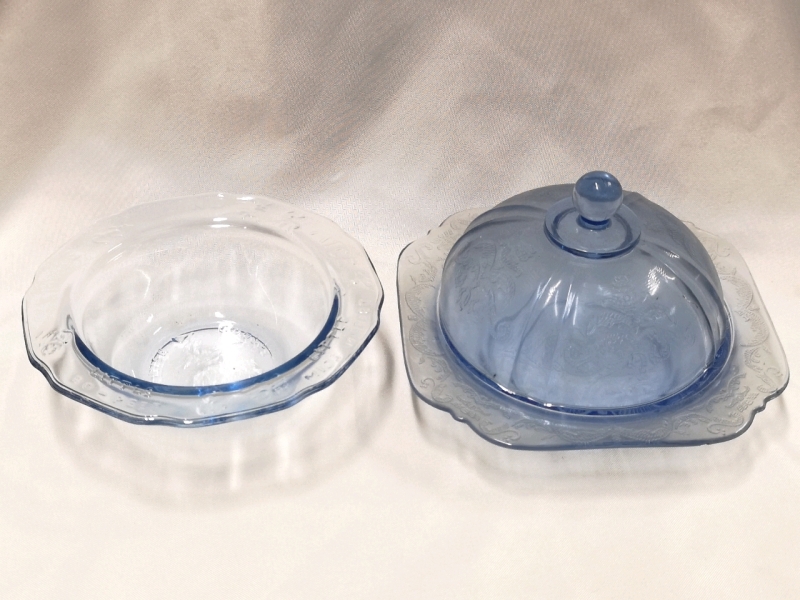 Beautiful Blue Depression Glass + Blue Glass Bowl (nursery rhymes)