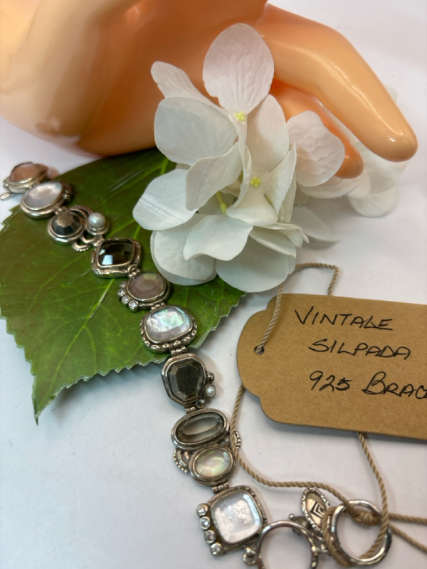 Vintage Silpada 925 Sterling Silver Pyrite Lip Shell Glass CZ.Bracelet