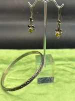 925 Sterling Silver Peridot Earrings Mexico Engaved Bangle