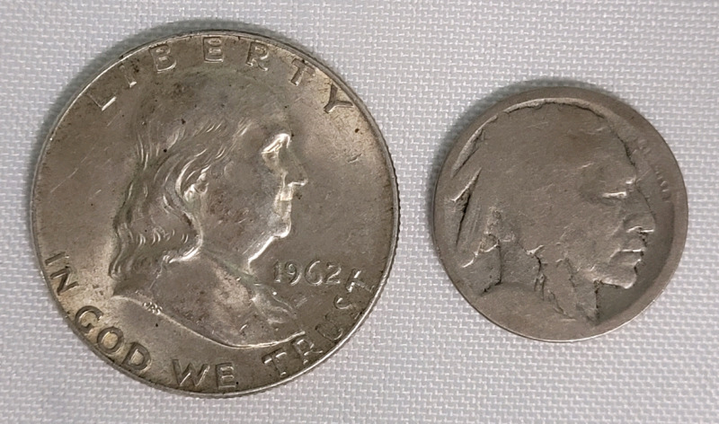 1962 USA Silver Franklin Half Dollar & ???? USA Indian Head / Buffalo 5 Cent Nickel
