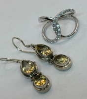 925 Sterling Silver CZ Double Circle Ring 925 Citrine Earrings