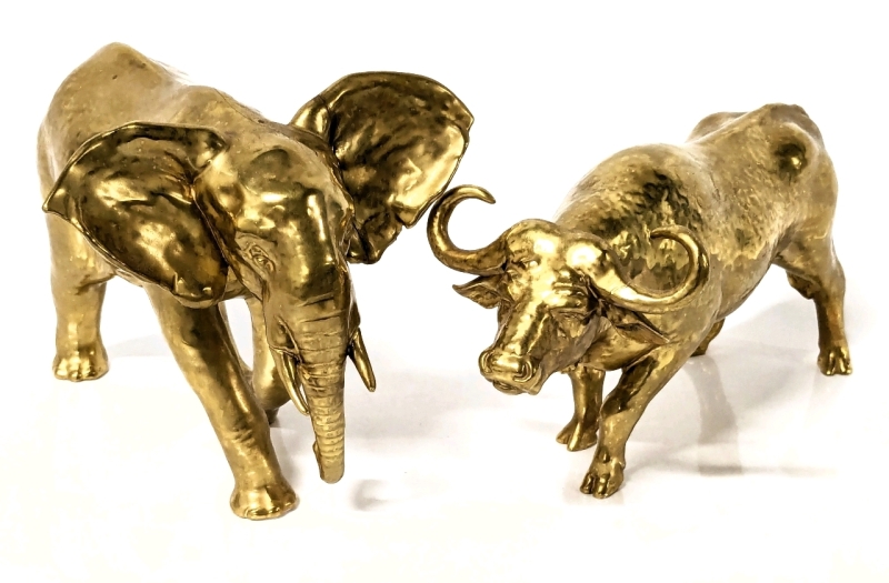 COALPORT England No. 209 Porcelain Elephant & Water Buffalo Figures Painted in Gold
