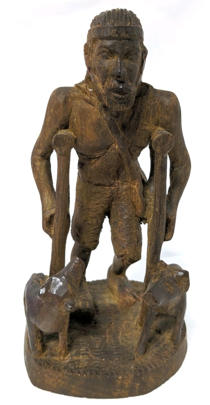 Signed Wood Carving of Man on Crutches with Dogs 8.75" Tall