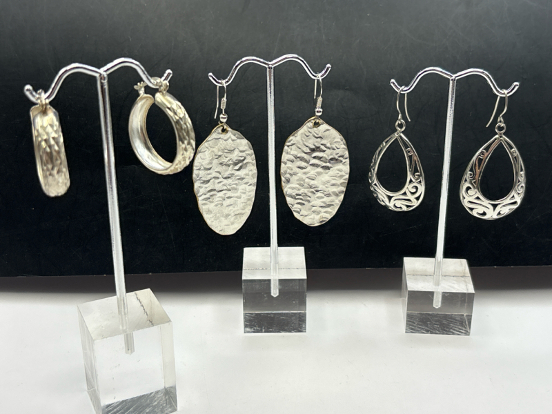 Three 925 Sterling Silver Modern Earrings Stamped