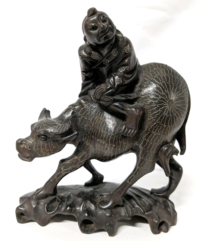 Vintage Carved Wood Boy Atop Water Buffalo with Inlaid Metal Details 7" x 2.75" x 8.75" Tall