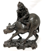 Vintage Carved Wood Boy Atop Water Buffalo with Inlaid Metal Details 7" x 2.75" x 8.75" Tall