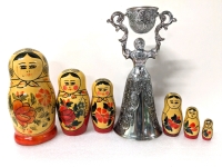 Set of 6 Vintage Made in USSR Matryoshka Nesting Dolls & Modern Reproduction Jungfraubecher / Young Lady Beakers / Wedding / Marriage Cup