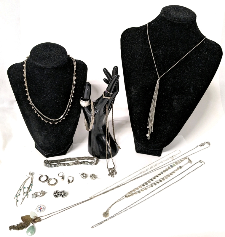 Assorted Silver Tone & Sterling Jewelry: Necklaces, Earrings, Rings +