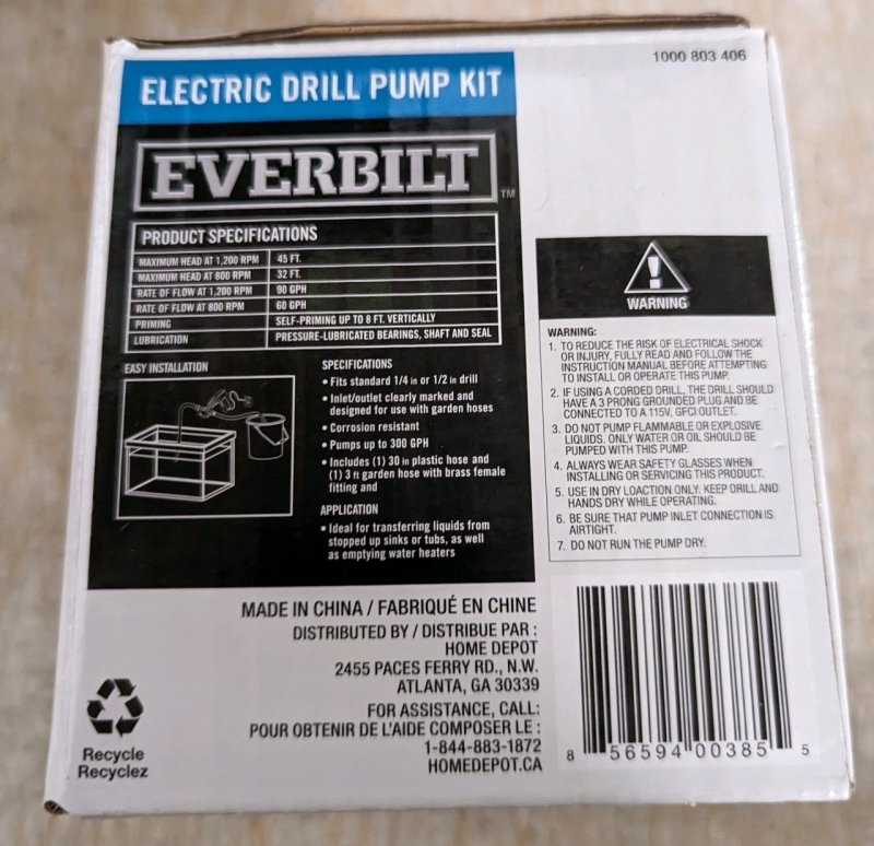 New Everbilt 300 GPH Drill Pump Utility Accessory Kit