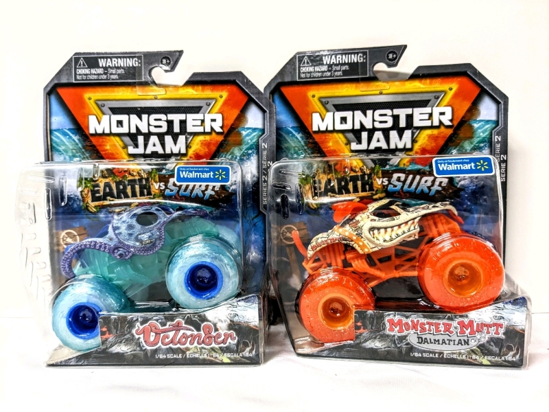 2 New MONSTER JAM Series 2 Earth vs Surf 1:64 Scale Toy Trucks : Octonber & Monster Mutt Dalmatian