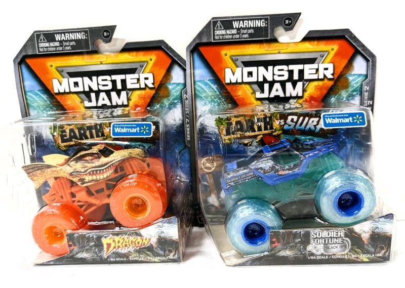 2 New MONSTER JAM Series 2 Earth vs Surf 1:64 Scale Toy Trucks : Dragon & Soldier Fortune Black Ops