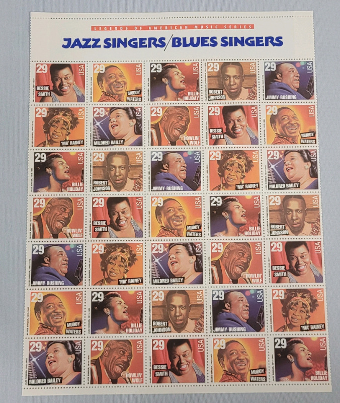 1994 US Postal ' Jazz Singers / Blues Singers ' Stamp Sheet , 29 Cent Stamps