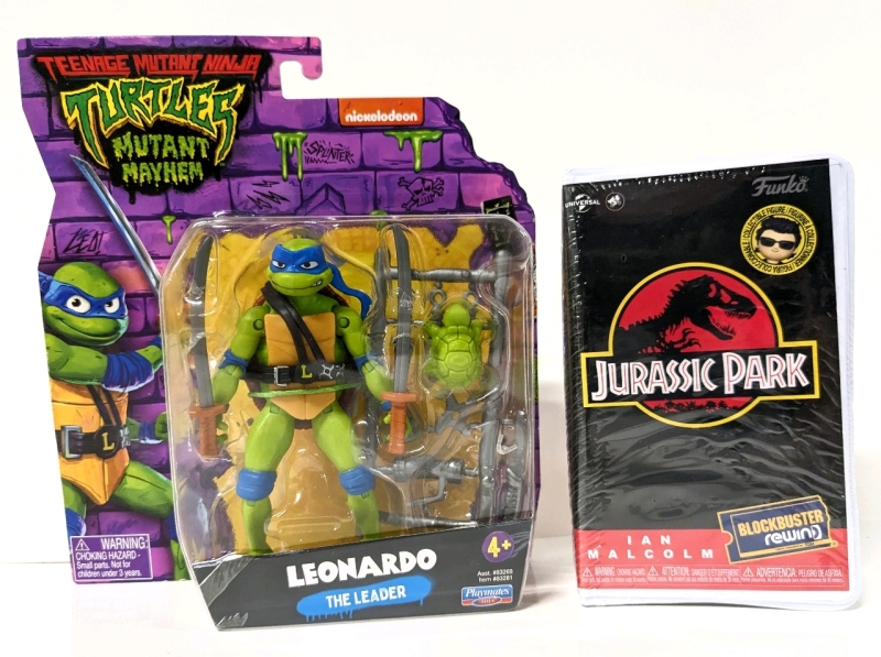 New TEENAGE MUTANT NINJA TURTLES Leonardo 5" Action Figure & New FUNKO x Blockbuster Rewind Jurassic Park Ian Malcolm