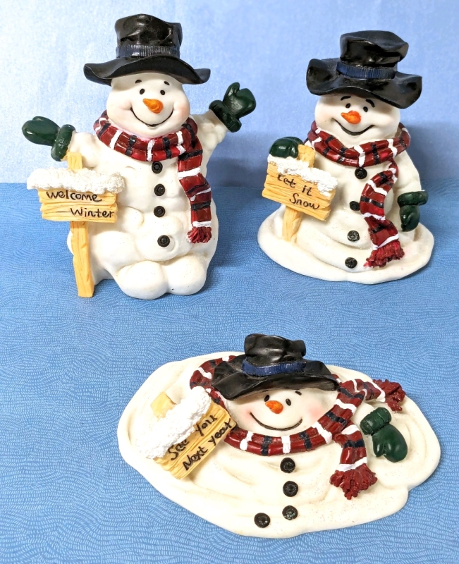 Adorable Set of 3 Melting Snowmen Resin Figures 1.5" to 5" Tall